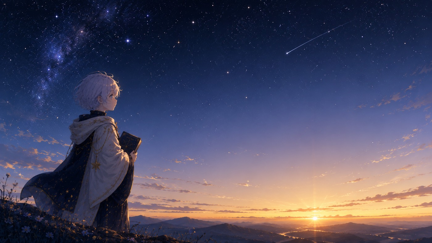 星の残る夜明けの空を見つめるステラ