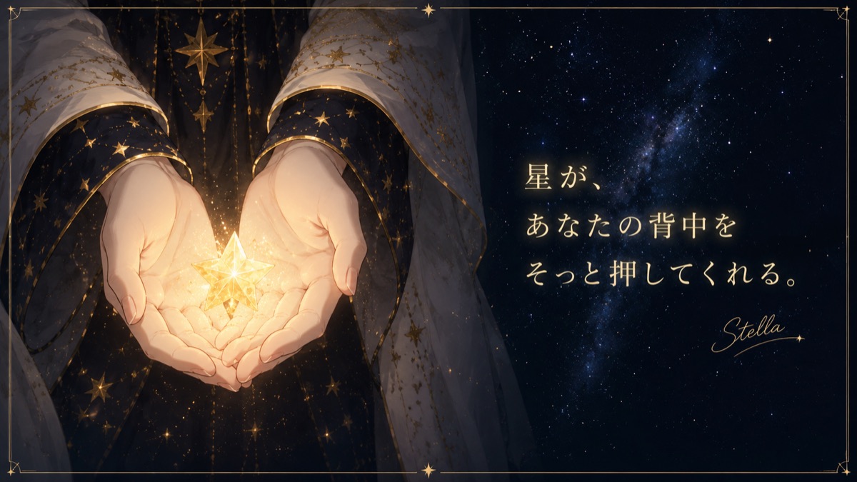 両手のひらに包まれた金の星と、「星が、あなたの背中をそっと押してくれる。」の言葉