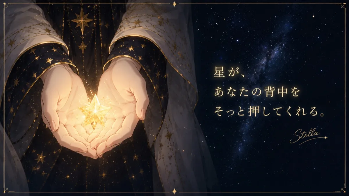 両手のひらに包まれた金の星と、「星が、あなたの背中をそっと押してくれる。」の言葉